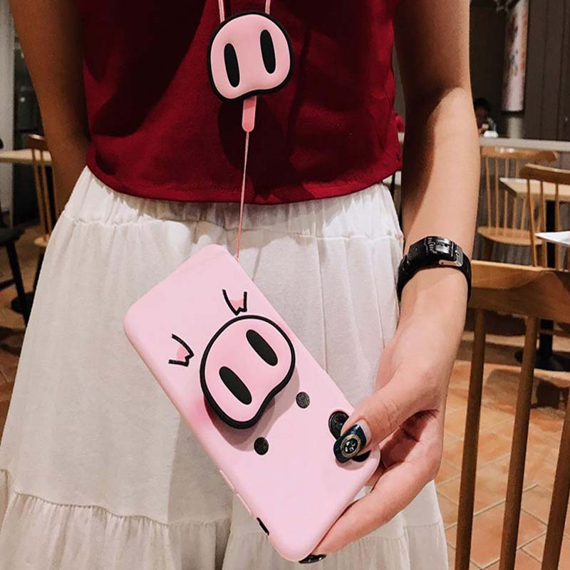 Funda iPhone Cerdo con Soporte Nariz y Cordón 