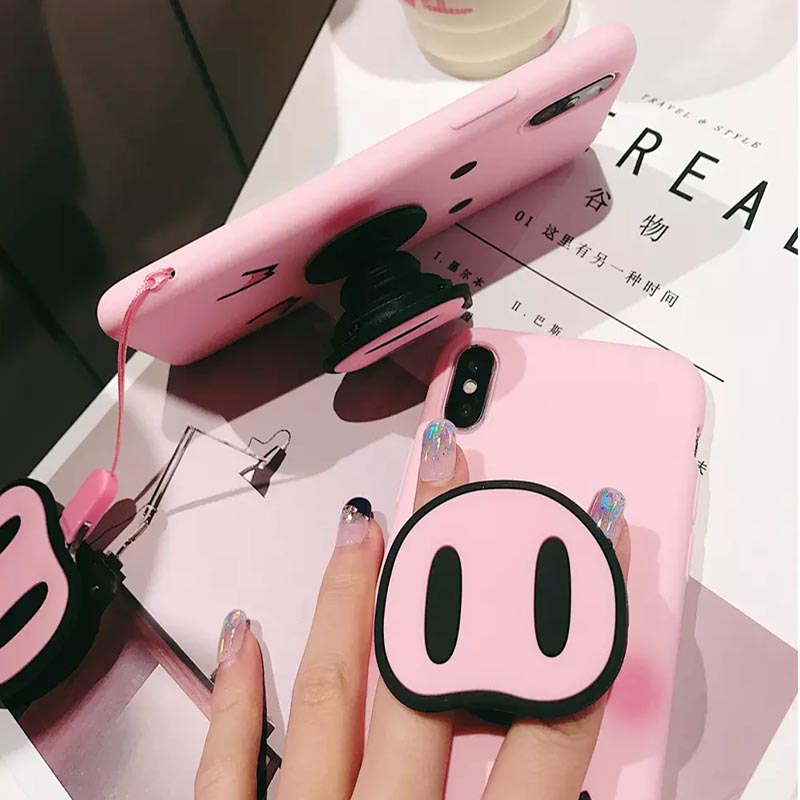 Funda iPhone Cerdo con Soporte Nariz y Cordón 