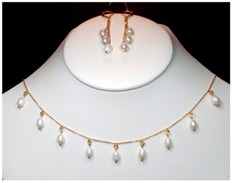 Collar Y Aretes En Chapa De Oro Con Perla Cultivada A048