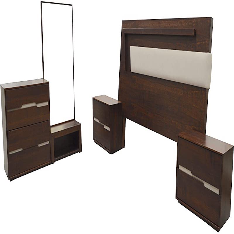 Set de Recamara Shangai - 5 Piezas, Chapa Nogal, Elegante, Moderna, Cabecera, Buro, Cajonera, Tocador espejo