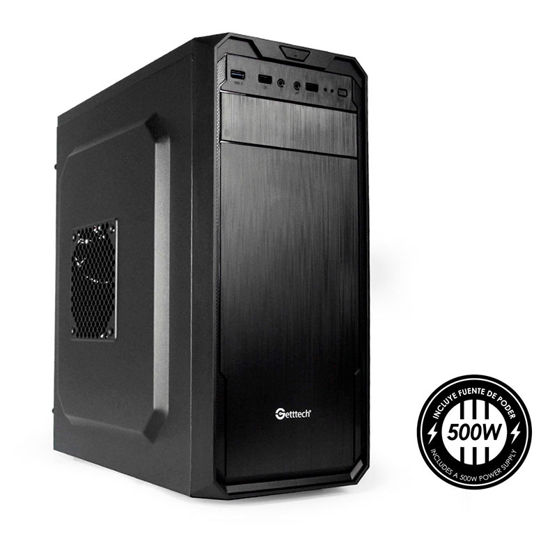 GABINETE GETTTECH GG1803, MIDI TOWER, ATX/MICRO-ATX, USB 2.0/3.0, CON FUENTE DE PODER 500W, NEGRO