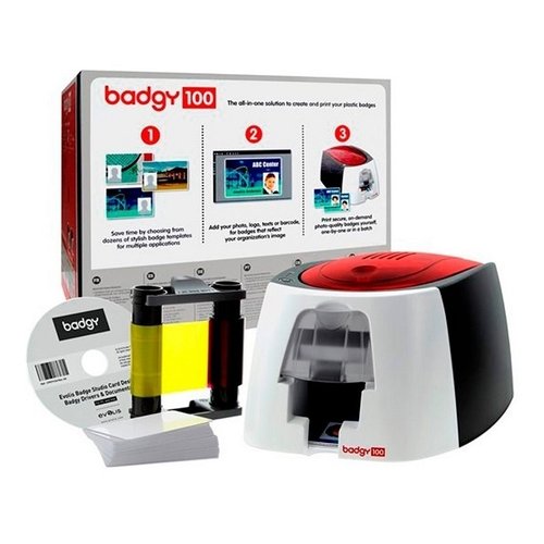 Impresora de Credenciales Badgy 100, 1 Ribbon 50 Impresiones, 50 Tarjetas PVC 30 Mls, Software B12U0000RS