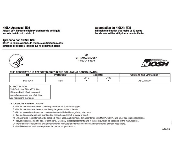 MASCARILLA CUBREBOCAS ORIGINAL 3M 9010 - NIOSH FDA CE 