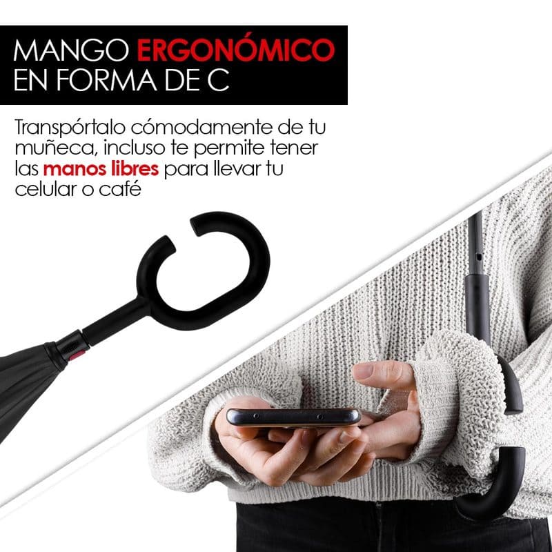  Redlemon Paraguas Invertido con Doble Refuerzo, Resistente a Vientos y Lluvias Fuertes, Mango Ergonómico en Forma C, Fácil de Transportar y Libre de Escurrimientos,