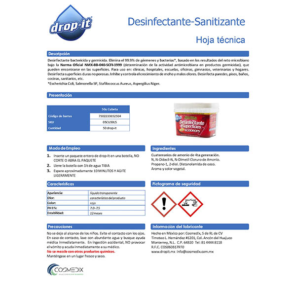 Sanitizante / desinfectante concentrado Drop-it Rinde 50 Litros