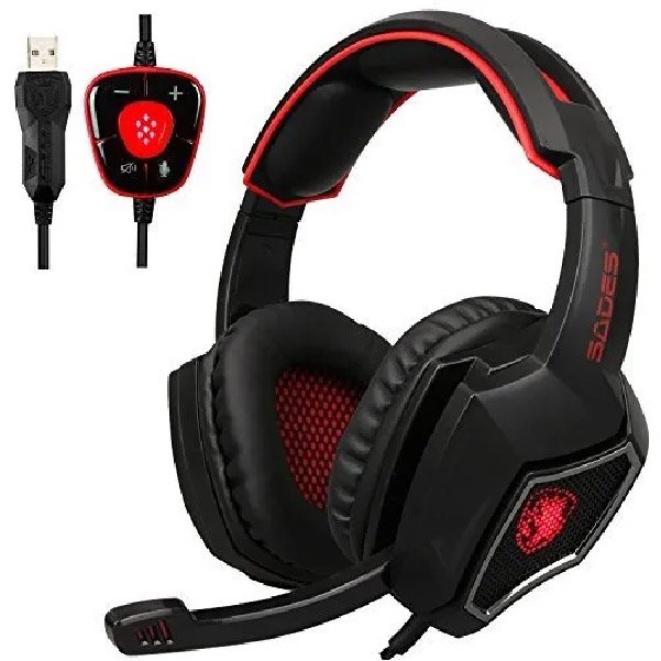 Audífonos Headset Diadema Sades Gamer Spirit Wolf Negro con rojo