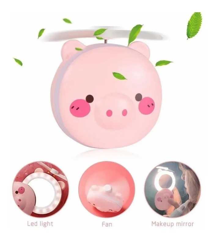 Cerdito con Espejo y luces led Gadgets & fun para maquillaje con ventilador batería recargable