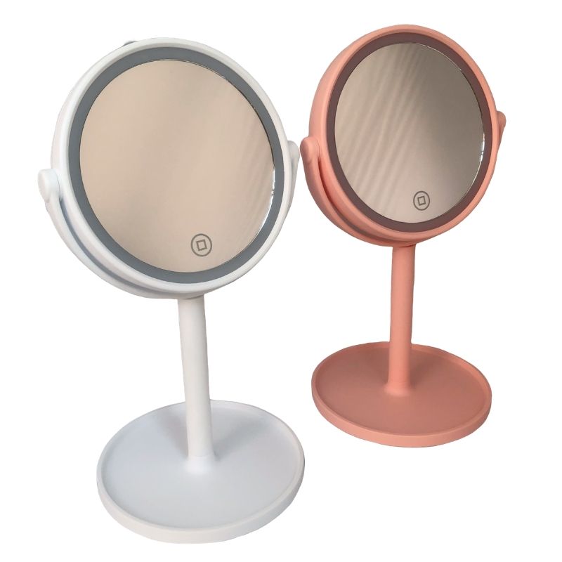 LBP Espejo de Tocador para Maquillaje con Luz LED Regulable, Circular, Giratorio 360, Color Blanco/Rosa, con Cable USB Recargable, diámetro 15 cm, 6In, Inalámbrico, Luz blanca