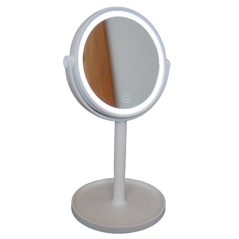 LBP Espejo de Tocador para Maquillaje con Luz LED Regulable, Circular, Giratorio 360, Color Blanco/Rosa, con Cable USB Recargable, diámetro 15 cm, 6In, Inalámbrico, Luz blanca