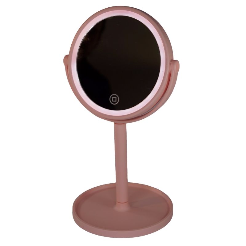 LBP Espejo de Tocador para Maquillaje con Luz LED Regulable, Circular, Giratorio 360, Color Blanco/Rosa, con Cable USB Recargable, diámetro 15 cm, 6In, Inalámbrico, Luz blanca
