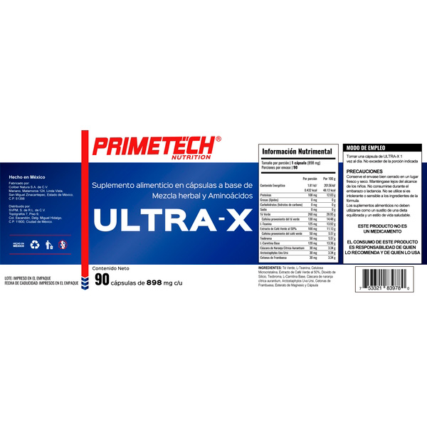 ULTRA-X Termogénico Primetech 90 caps 898 mg c/u