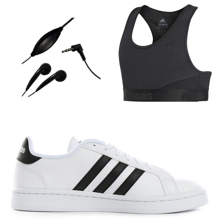 Tenis adidas Grand Court Blanco/negro - F36483 + Top bra Adidas + Audifonos