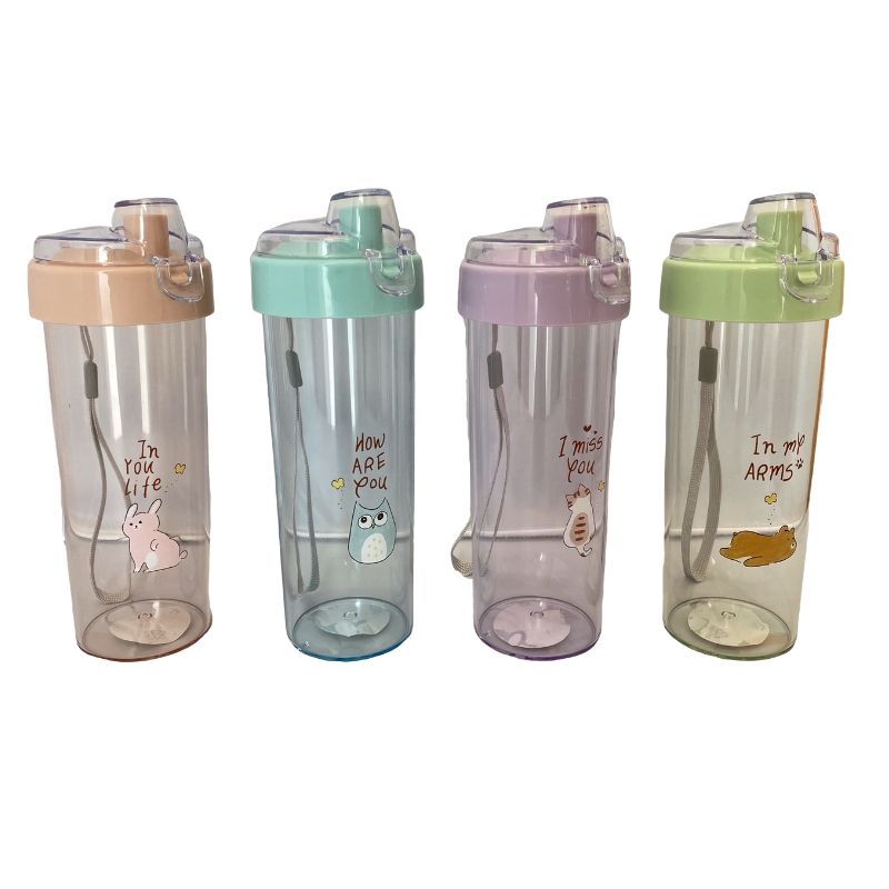 LBP, 4 PACK, Vaso, Termo, Botella de Plástico Transparente, Tapa con cubierta a prueba de fugas, estilo Chug, Color Rosa, Morado, Azul, Verde, Con Dibujo de Animalitos, 13.5 oz (400 ml), 7.8In (20 cm)