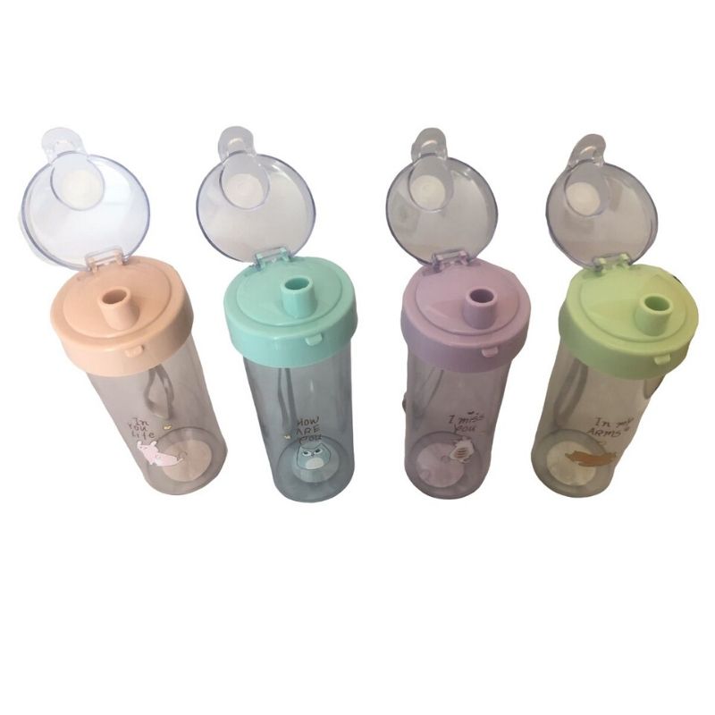 LBP, 4 PACK, Vaso, Termo, Botella de Plástico Transparente, Tapa con cubierta a prueba de fugas, estilo Chug, Color Rosa, Morado, Azul, Verde, Con Dibujo de Animalitos, 13.5 oz (400 ml), 7.8In (20 cm)