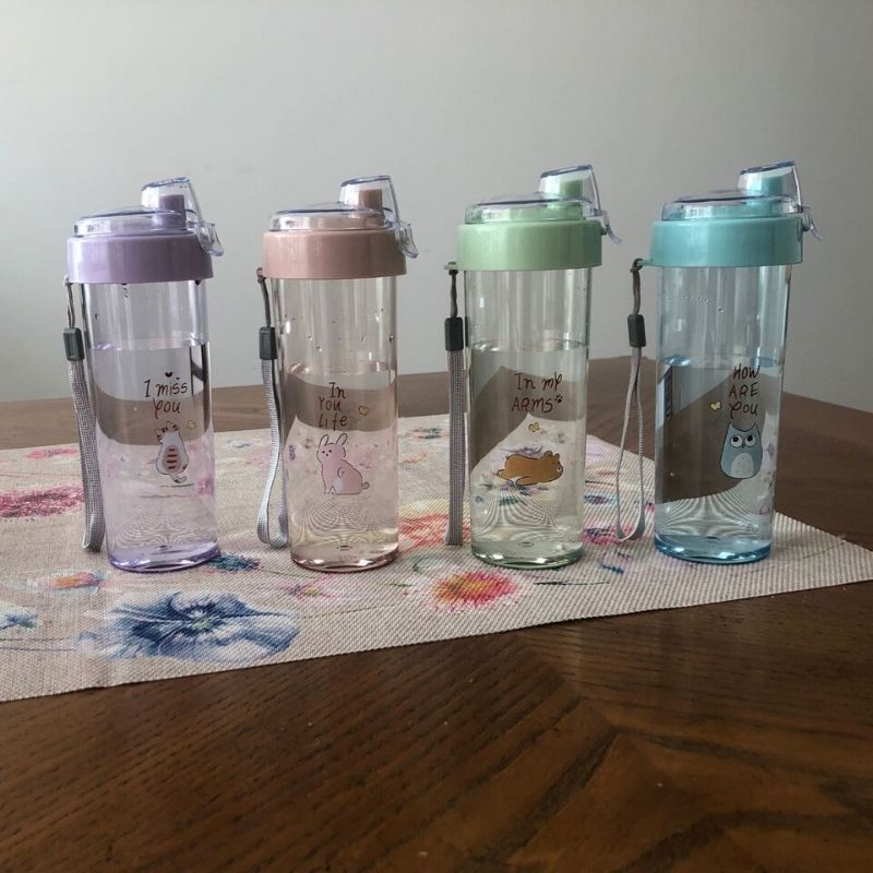 LBP, 4 PACK, Vaso, Termo, Botella de Plástico Transparente, Tapa con cubierta a prueba de fugas, estilo Chug, Color Rosa, Morado, Azul, Verde, Con Dibujo de Animalitos, 13.5 oz (400 ml), 7.8In (20 cm)