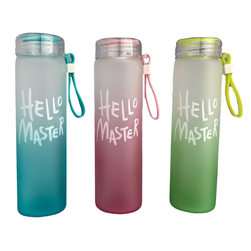 LBP Vaso, Termo, Botella de Vidrio Esmerilado, Tapa de plástico con anillo a prueba de fugas, Diseño Hello Master, Color Rosa, Azul, Verde, Degradado, 16 oz (480 ml), 2.3Inx8.6In (6x22cm)