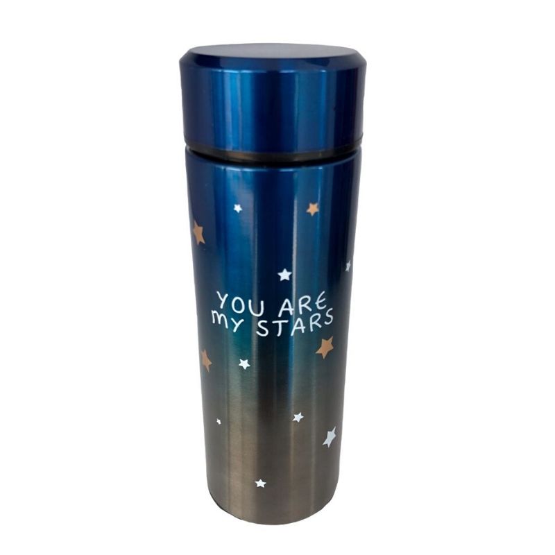 LBP Termo, Taza, Botella Doble Pared con Tapa, Acero Inoxidable, con Infusor integrado para Té o Tisana, Diseño de Estrellas, Color Azul, Verde, Negro, Rojo, Metálico, 12 oz (350 ml), 7.8In (20 cm)