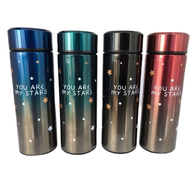 LBP 4 PACK, Termo, Taza, Botella Doble Pared con Tapa, Acero Inoxidable, con Infusor integrado para Té o Tisana, Diseño de Estrellas, Color Azul, Verde, Negro, Rojo, Metálico, 12 oz (350 ml), 7.8In (20 cm)