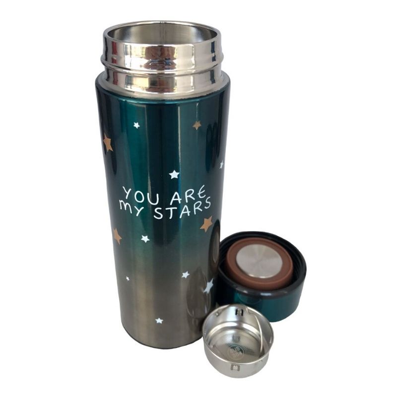 LBP 4 PACK, Termo, Taza, Botella Doble Pared con Tapa, Acero Inoxidable, con Infusor integrado para Té o Tisana, Diseño de Estrellas, Color Azul, Verde, Negro, Rojo, Metálico, 12 oz (350 ml), 7.8In (20 cm)