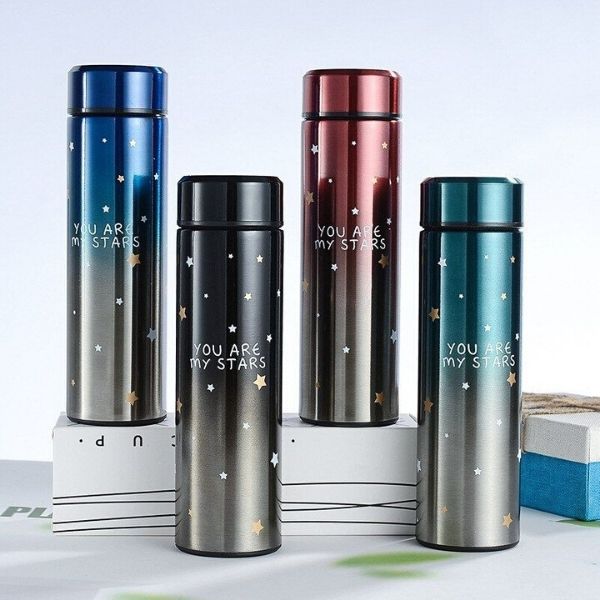 LBP 4 PACK, Termo, Taza, Botella Doble Pared con Tapa, Acero Inoxidable, con Infusor integrado para Té o Tisana, Diseño de Estrellas, Color Azul, Verde, Negro, Rojo, Metálico, 12 oz (350 ml), 7.8In (20 cm)