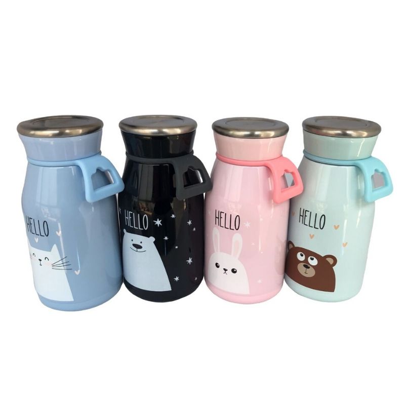 LBP Taza, Termo Doble Pared con Tapa, Acero Inoxidable, Diseño de Dibujos de Animales, Conejo, Gato, Oso, Color Rosa, Azul, Negro, Verde Menta, Antiderrames, 12 oz (350 ml), 6.7In (17 cm)