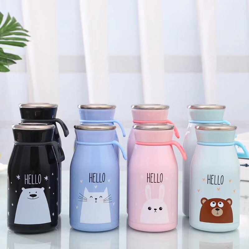 LBP Taza, Termo Doble Pared con Tapa, Acero Inoxidable, Diseño de Dibujos de Animales, Conejo, Gato, Oso, Color Rosa, Azul, Negro, Verde Menta, Antiderrames, 12 oz (350 ml), 6.7In (17 cm)