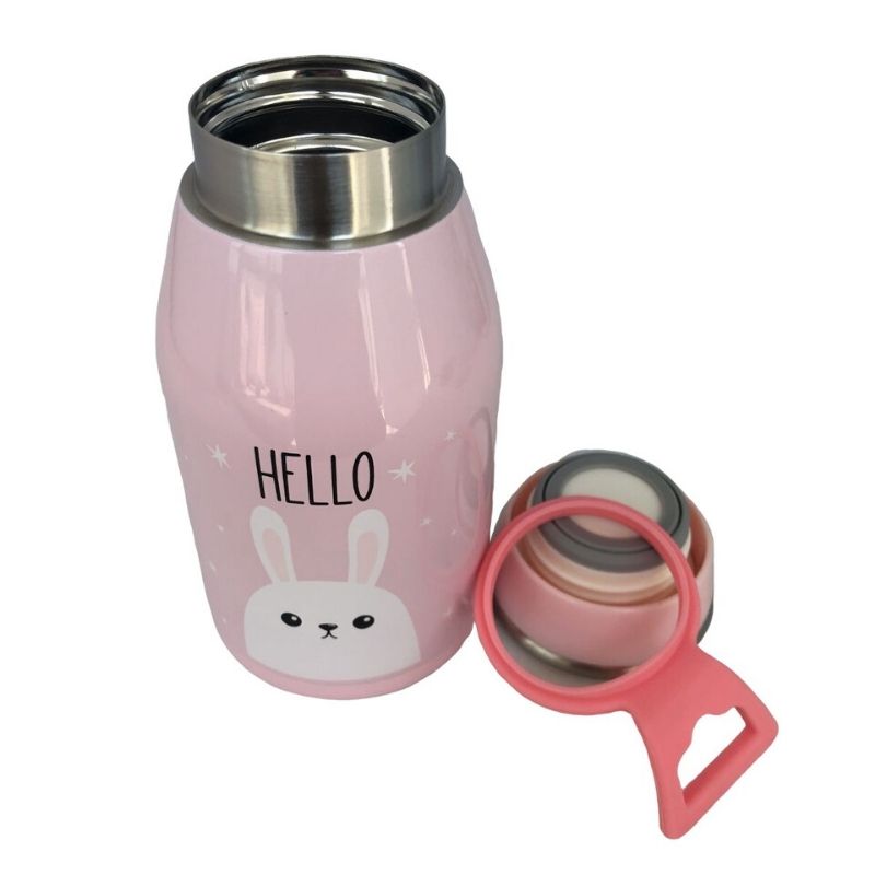 LBP Taza, Termo Doble Pared con Tapa, Acero Inoxidable, Diseño de Dibujos de Animales, Conejo, Gato, Oso, Color Rosa, Azul, Negro, Verde Menta, Antiderrames, 12 oz (350 ml), 6.7In (17 cm)