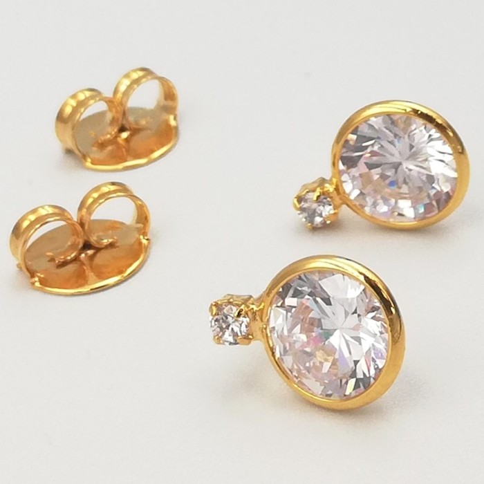 Aretes Dorados Cristal Redondo- Baño de Oro 18K