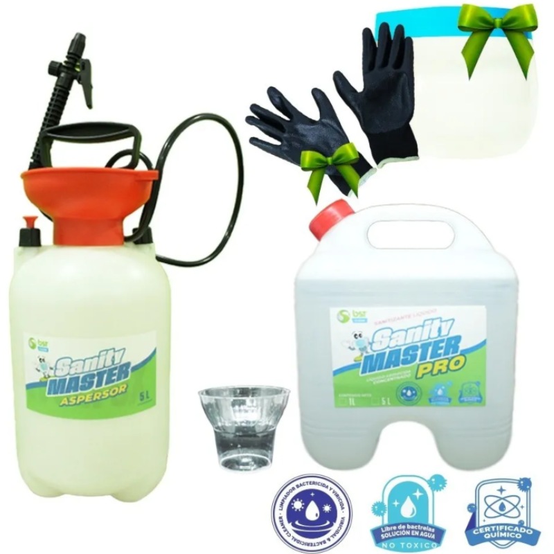 Sanitiza Tu Oficina, Aspersor De 5 Litros, Envase Con 5 Litros De Liquido Sanitizador Concentrado , Taza Medidora, Guantes De Nitrilio Y Careta De Regalo