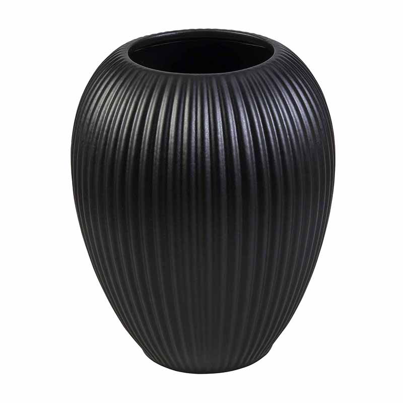 Florero Redondo Acabado Sedoso Mate con PatrÃ³n de LÃ­neas en Color Negro de CerÃ¡mica DJF-3006BK