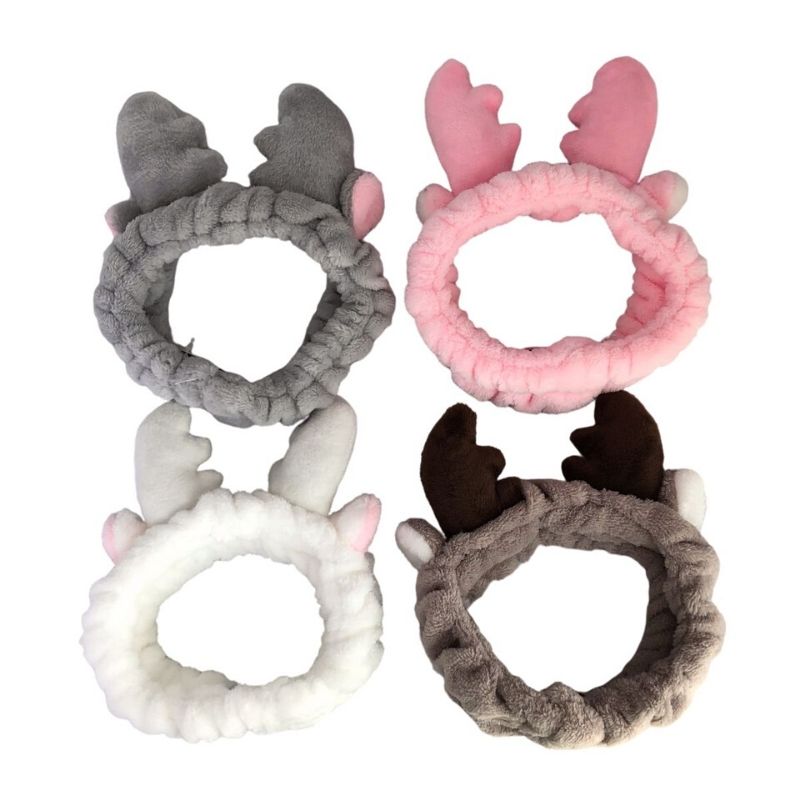 LBP 4 PACK, Banda Elástica para Cabello, Paquete de 4 Diademas de Mujer, Material de Felpa Suave, Peluche, para aplicar Maquillaje, Mascarilla o Lavado Facial, Diseño Orejas de Reno, Venado, Color Rosa, Gris, Blanco, Café