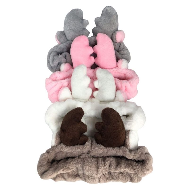 LBP 4 PACK, Banda Elástica para Cabello, Paquete de 4 Diademas de Mujer, Material de Felpa Suave, Peluche, para aplicar Maquillaje, Mascarilla o Lavado Facial, Diseño Orejas de Reno, Venado, Color Rosa, Gris, Blanco, Café