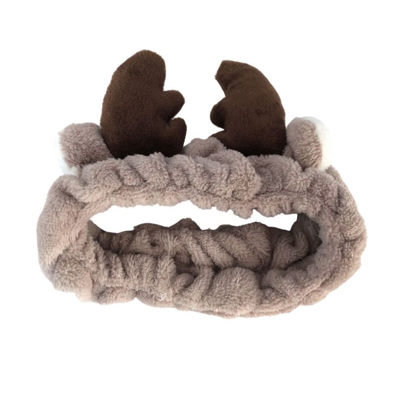 LBP 4 PACK, Banda Elástica para Cabello, Paquete de 4 Diademas de Mujer, Material de Felpa Suave, Peluche, para aplicar Maquillaje, Mascarilla o Lavado Facial, Diseño Orejas de Reno, Venado, Color Rosa, Gris, Blanco, Café