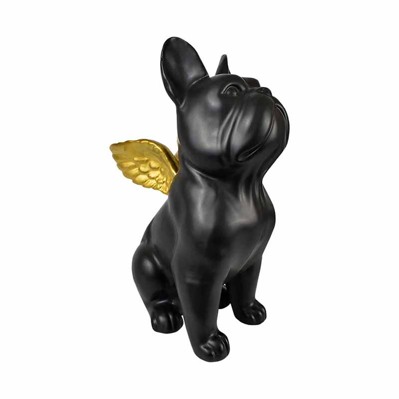 Figura de Perro Boston Terrier Negro con Alas Doradas de CerÃ¡mica  DMA-1043