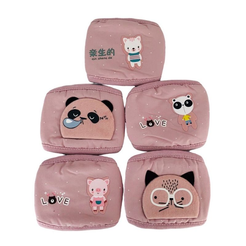 LBP Cubrebocas Infantil Cuadrado para Niña, Mascarilla Lavable, Reutilizable, 100% Algodón, Diseño Liso Color Rosa, Salmón y Beige, con Decoración de Animalitos, para Niños, 21x11 cm (8inx4in)