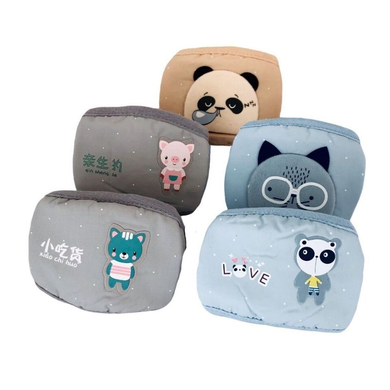 LBP Cubrebocas Infantil Cuadrado para Niño, Mascarilla Lavable, Reutilizable, 100% Algodón, Diseño Liso Color Gris, Azul y Beige, con Decoración de Animalitos, para Niños, 21x11 cm (8inx4in)
