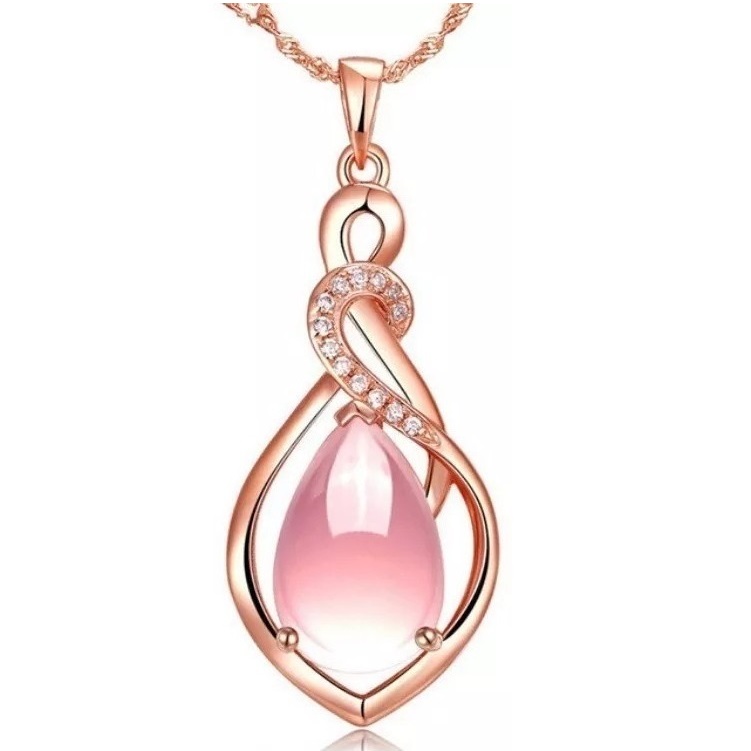 Collar Dije Gota Agua Lujo Zirconia Y Cuarzo Rosa Sellingo