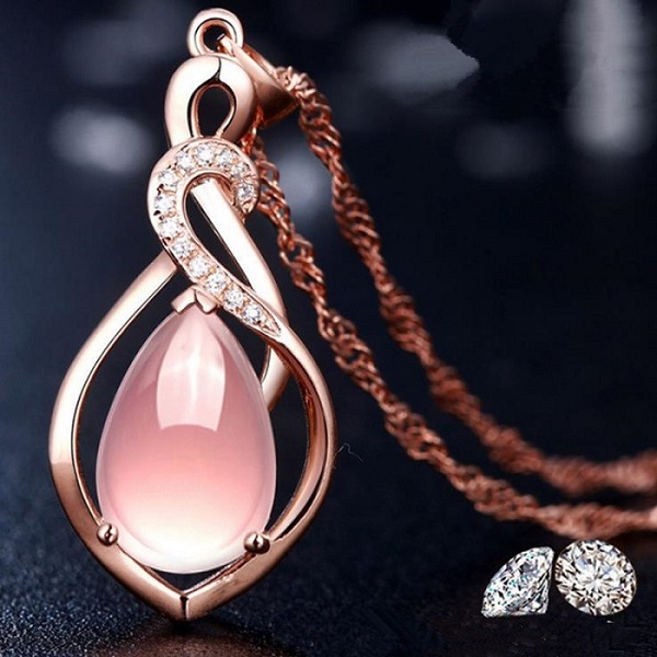 Collar Dije Gota Agua Lujo Zirconia Y Cuarzo Rosa Sellingo