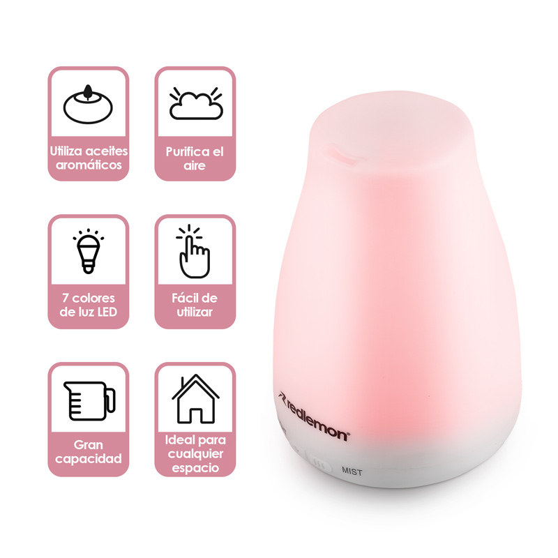 Redlemon Difusor de Aceites Esenciales y Aromaterapia. Humidificador de Ambiente de 100 ml. con Niebla Fría, Temporizador Ajustable, Silencioso, Apagado Automático y 7 Luces LED.