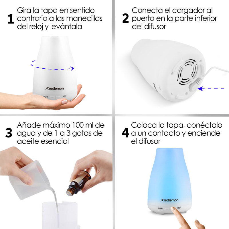 Redlemon Difusor de Aceites Esenciales y Aromaterapia. Humidificador de Ambiente de 100 ml. con Niebla Fría, Temporizador Ajustable, Silencioso, Apagado Automático y 7 Luces LED.