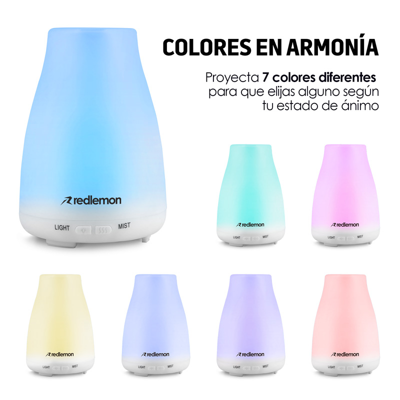 Redlemon Difusor de Aceites Esenciales y Aromaterapia. Humidificador de Ambiente de 100 ml. con Niebla Fría, Temporizador Ajustable, Silencioso, Apagado Automático y 7 Luces LED.