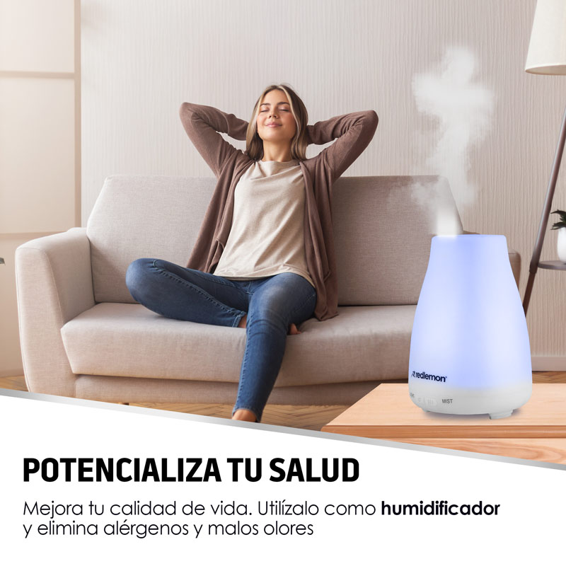 Redlemon Difusor de Aceites Esenciales y Aromaterapia. Humidificador de Ambiente de 100 ml. con Niebla Fría, Temporizador Ajustable, Silencioso, Apagado Automático y 7 Luces LED.