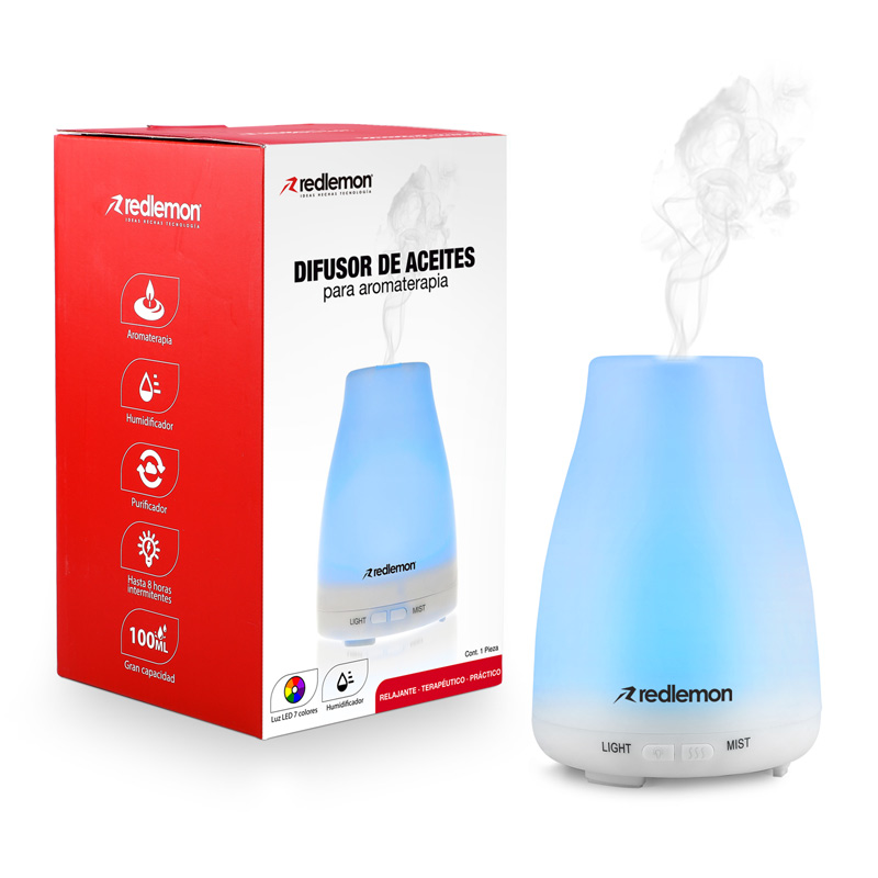 Redlemon Difusor de Aceites Esenciales y Aromaterapia. Humidificador de Ambiente de 100 ml. con Niebla Fría, Temporizador Ajustable, Silencioso, Apagado Automático y 7 Luces LED.