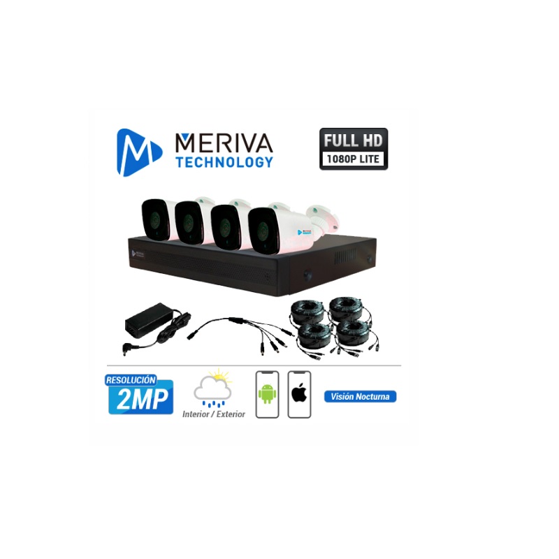 Kit De Camaras Meriva 4X4 , Dvr 4Ch, 4 Camaras Bala 2Mp, 4 Cables 18Mts, Distribuidor De Corriente Y Fuente De Poder (Mhd-932K-T) (No Incluye Disco Duro)