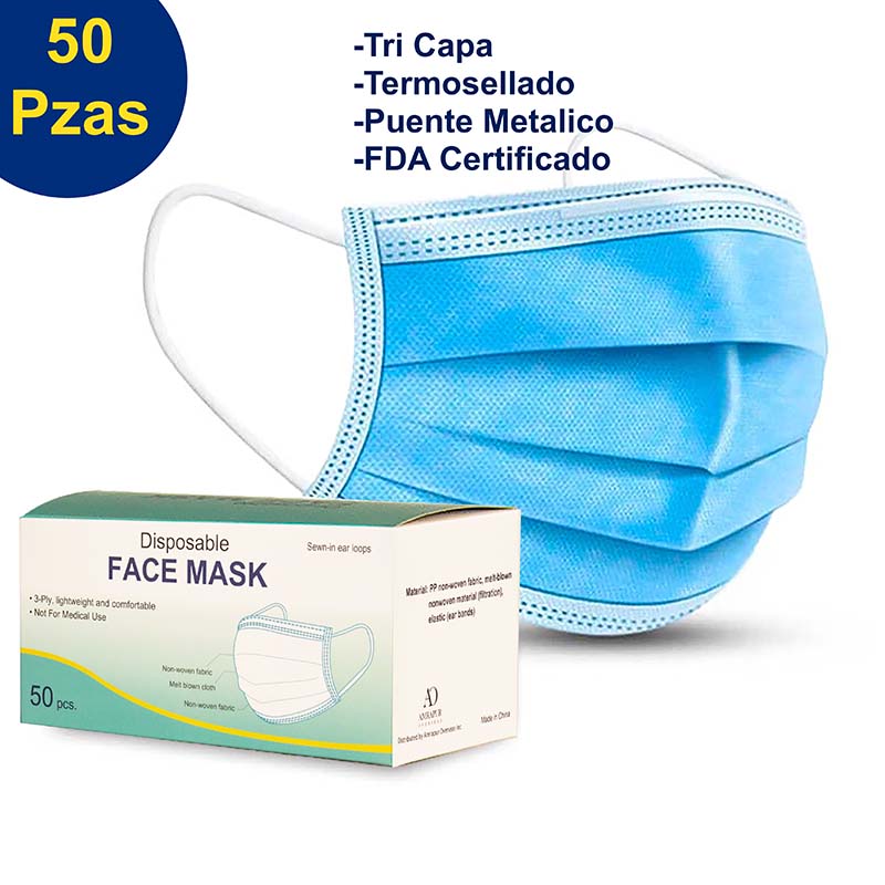 50 Cubrebocas, Quirúrgico, Tricapa, Termosellados, Plisados, con Puente metálico para nariz y Bucle elástico para Orejas. Certificados por la FDA.