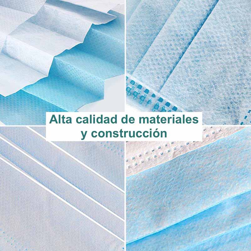 50 Cubrebocas, Quirúrgico, Tricapa, Termosellados, Plisados, con Puente metálico para nariz y Bucle elástico para Orejas. Certificados por la FDA.