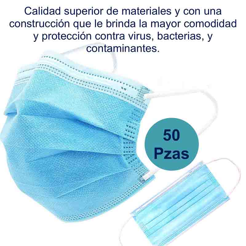 50 Cubrebocas, Quirúrgico, Tricapa, Termosellados, Plisados, con Puente metálico para nariz y Bucle elástico para Orejas. Certificados por la FDA.