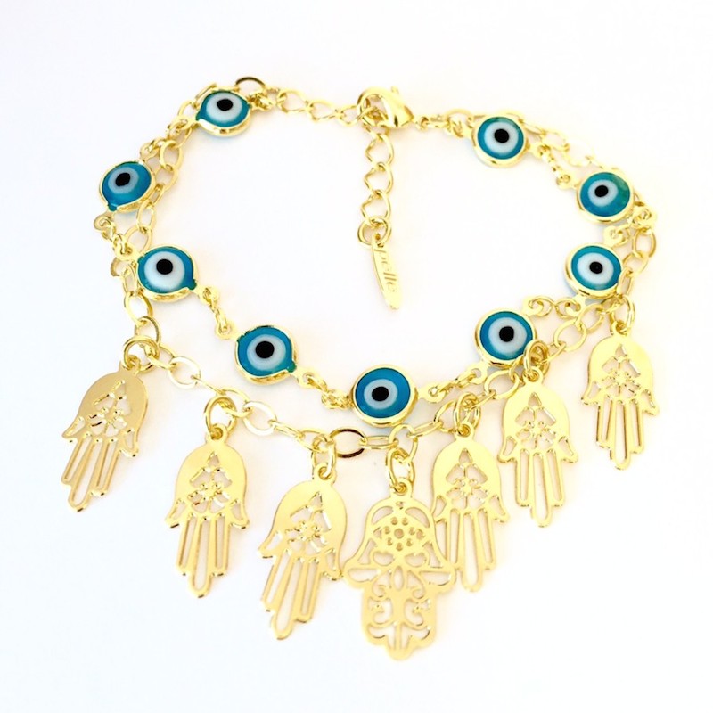 Pulsera Ojo Protector y Mano de Dios-Baño de Oro 18K- dorada