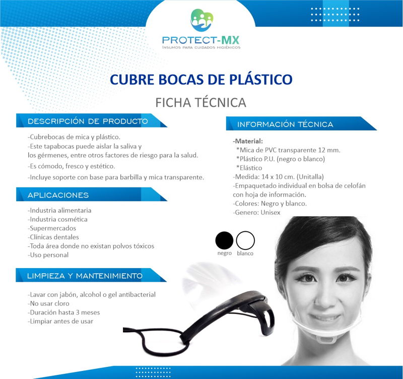 Cubre bocas De Plástico Negro Mica Transparente