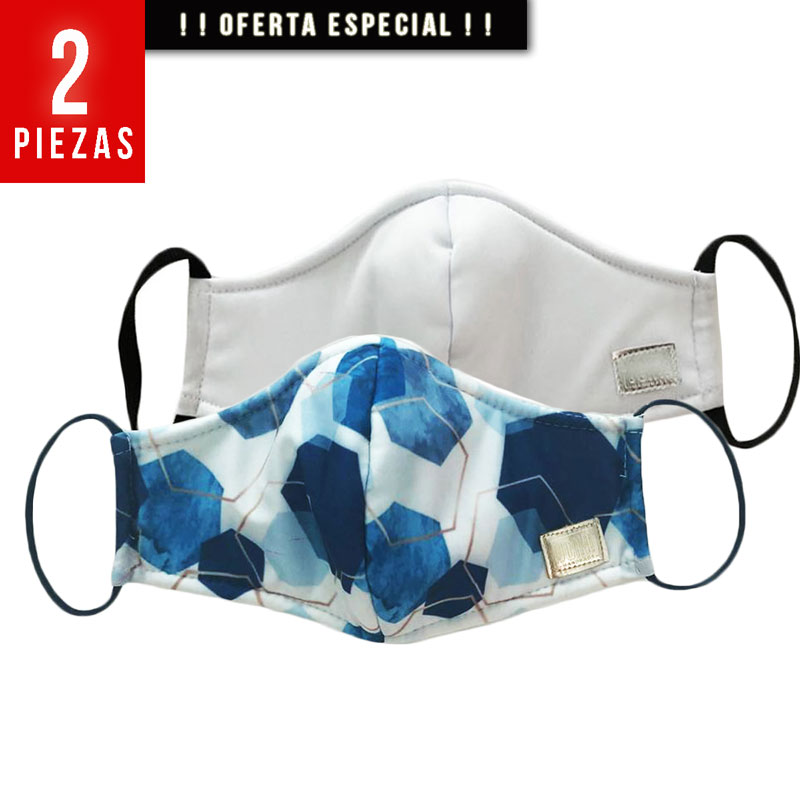 Cubrebocas mascarillas NATURE GARTEN 2 PZ ANTI-MICROBIANAS CON FIBRA DE PLATA blanco con abstract